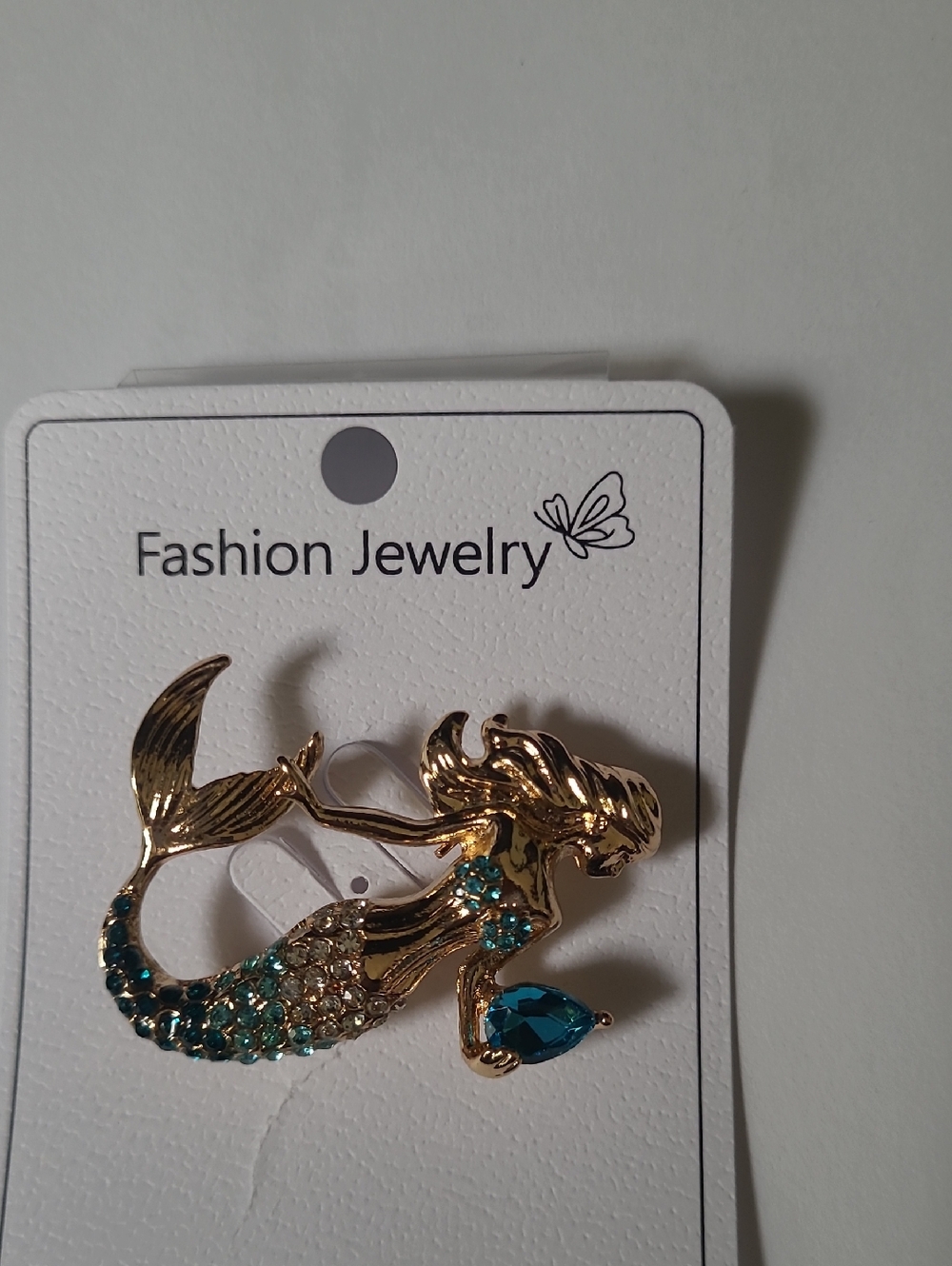 Fashion Jewelry Gold-Tone Mermaid Brooch with Teal Crystals